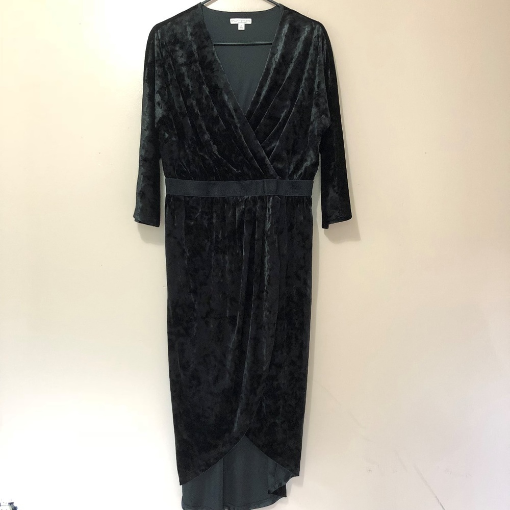 Eva Mendes Black Faux Velvet Mock Wrap Dress